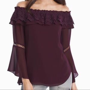 Plum off the shoulder blouse with crochet trim